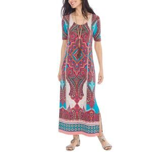 CHICO'S Medallion Maxi Dress Scoop Neck Geometric Paisley Muticolor Size Large